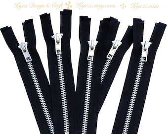 7 Inch Black Silver Separating Jacket Zipper,  Gauge 5 Sale Wholesale Zippers Aluminum Metal Teeth Zippers