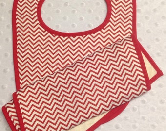 Red Chevron Baby Bib and Burp Cloth Set - Minky Baby Shower Gift - Can Be Monogrammed with Baby's Name or Initials