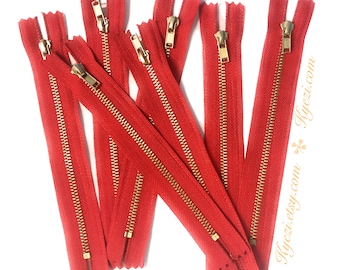 3 to 50 pcs Red Tape, Brass Metal Teeth Zippers Available in 3, 4, 5, 6, 7, 8, 9, 10, 12, 14, 16 inches - U.S. SELLER Fast Shipping
