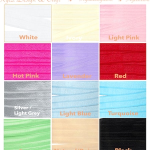May include: A color chart of 12 different colors of elastic. The colors are: white, ivory, light pink, hot pink, lavender, red, silver/light grey, light blue, turquoise, green, natural/beige, and black.