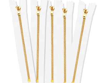 1 5 10 pcs 4 inch White Tape Jeans Zippers #5 Brass Teeth Closed Bottom Metal Zippers with Locking Slider DIY