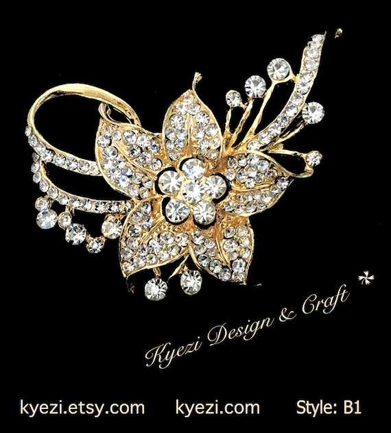 Long Gold High Quality Crystal Rhinestone Flower Embellishment Broach Pin Big Clear Crystal Brooch DIY Wedding Bouquet Brooch Style: B1