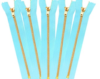 1 5 10 pcs 11 pouces Light Blue Tape Jeans Zippers #5 Brass Teeth Closed Bottom Metal Zippers with Locking Slider DIY