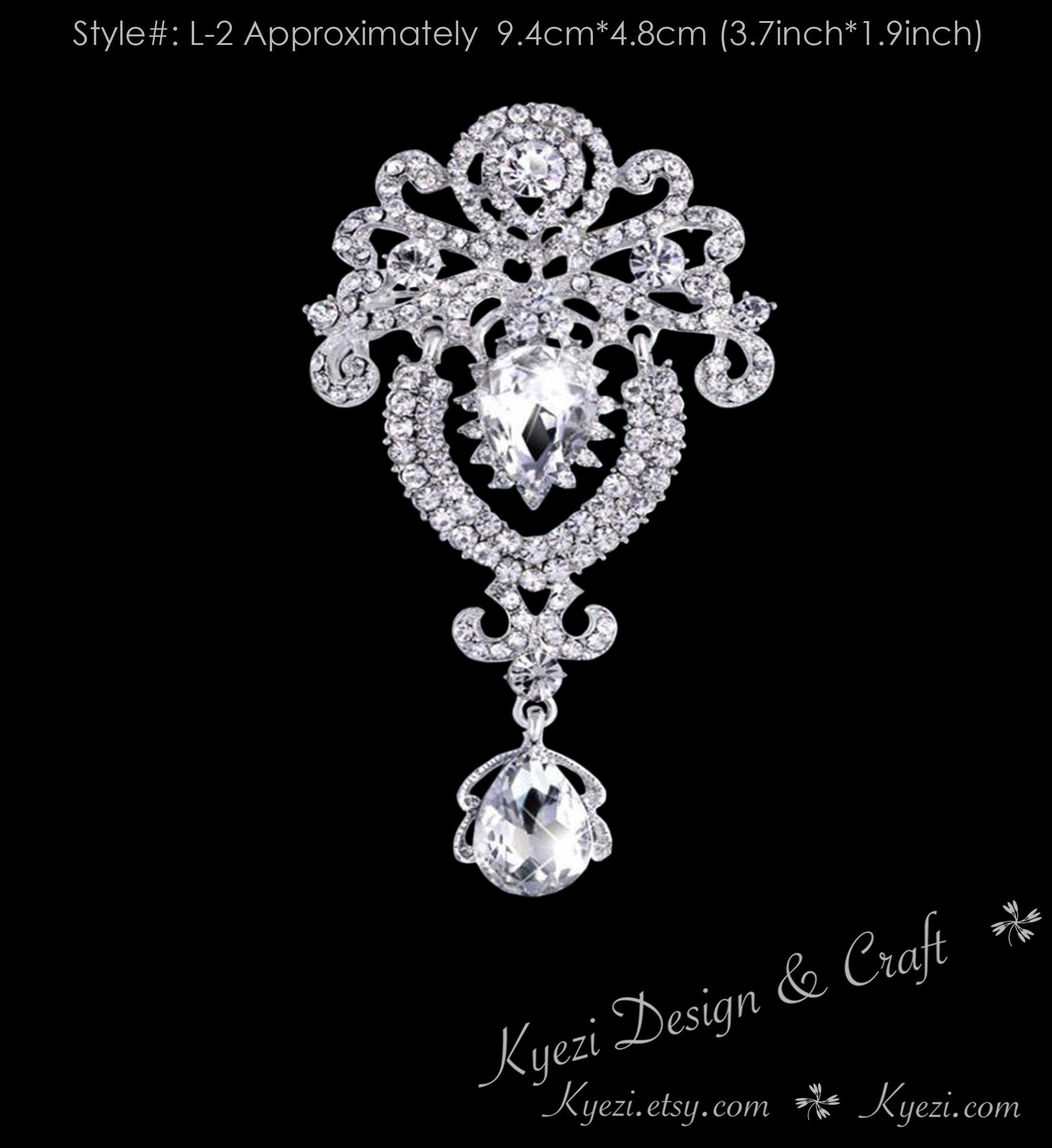 Broche de gota de diamantes de imitación de alta calidad con cristales plateados extra grandes, broche transparente de plata, broche colgante para ramo de boda DIY, broche L2