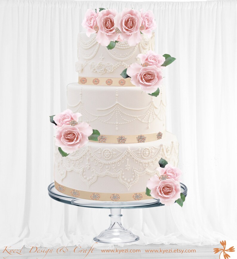 May include: A three-tiered white wedding cake with intricate lace-like frosting details and adorned with pink roses and green leaves. The cake features gold ribbon accents with sparkling embellishments and sits on a clear glass cake stand.