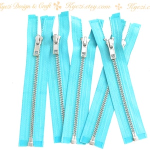 Cremallera separadora plateada azul claro de 26 pulgadas para chaqueta, calibre 5, venta al por mayor, cremalleras con dientes de metal de aluminio