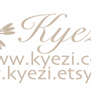 May include: A stylised floral design with the text "Kyezi" in a cursive font. The text "www.kyezi.com" and "www.kyezi.etsy.com" are displayed below the logo.