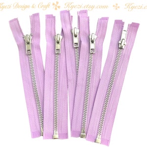 Cremallera de separación plateada lavanda de 26 pulgadas para chaqueta, calibre 5, venta al por mayor, cremalleras de aluminio con dientes de metal