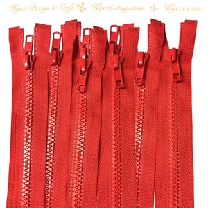May include: A set of eight red zipper closures, each measuring approximately 10 inches in length. The zippers are made of a durable nylon material and have a smooth, easy-to-use slider.