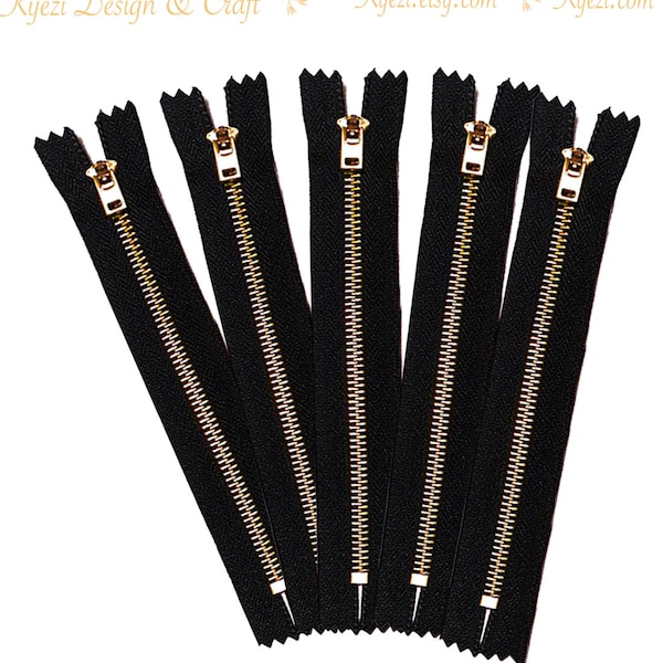 1 5 10 pcs 11 inch Black Tape Jeans Zippers #5 Brass Teeth Closed Bottom Metal Zippers with Locking Slider DIY