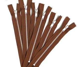 3 5 10 pcs Brown Tape, Silver Metal Teeth Zippers Available in 3,4, 5, 6, 7, 8, 9, 10, 12, 14, 16, 18 inches - U.S. SELLER Fast Shipping