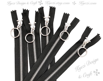 5 10 25 pcs Black Special Ring Pull Nickel Metal Teeth Zippers, Gauge Number 5-  9,12,14,20 and 24 Inches