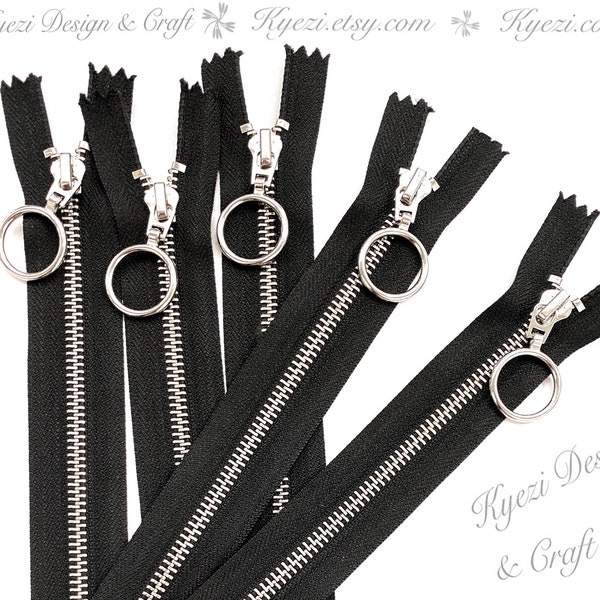 5 10 25 pcs Black Special Ring Pull Nickel Metal Teeth Zippers, Gauge Number 5-  9,12,14,20 and 24 Inches