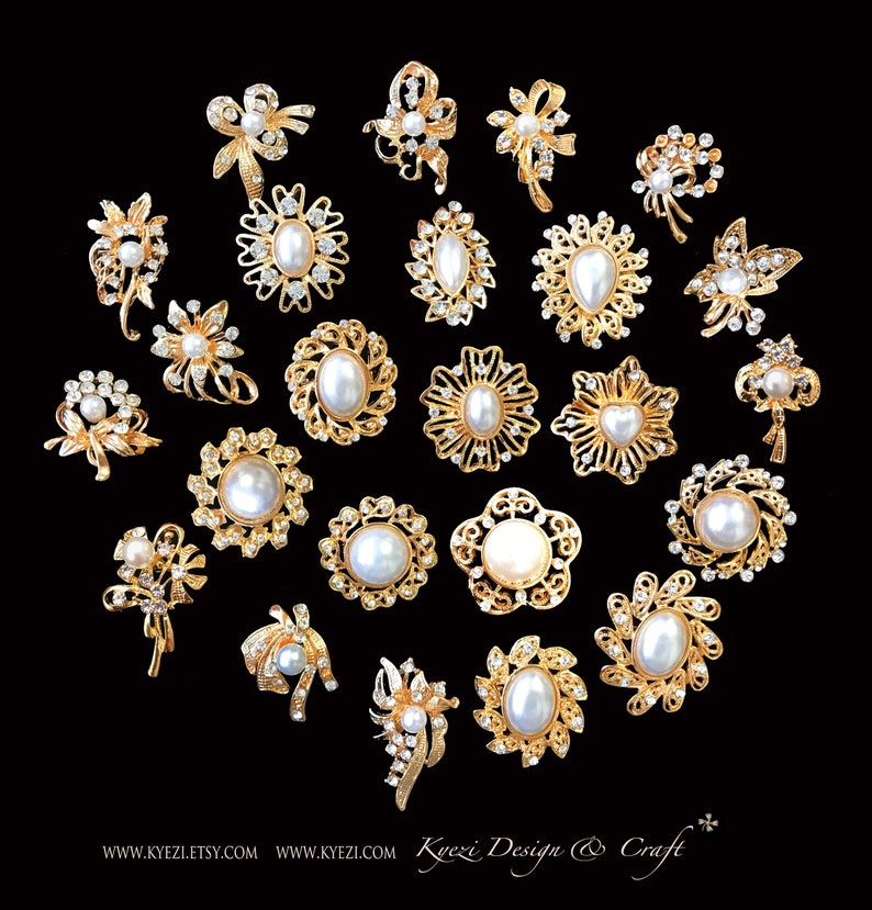 24 Pc Assorted Gold Pearl Rhinestone Crystal Brooches Wedding Etsy