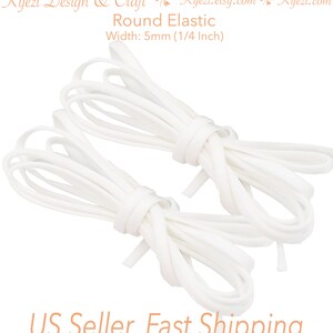 May include: Two spools of white round elastic cord, each measuring 5mm (1/4 inch) in width.  The elastic is coiled and ready to be used for sewing or crafting projects.