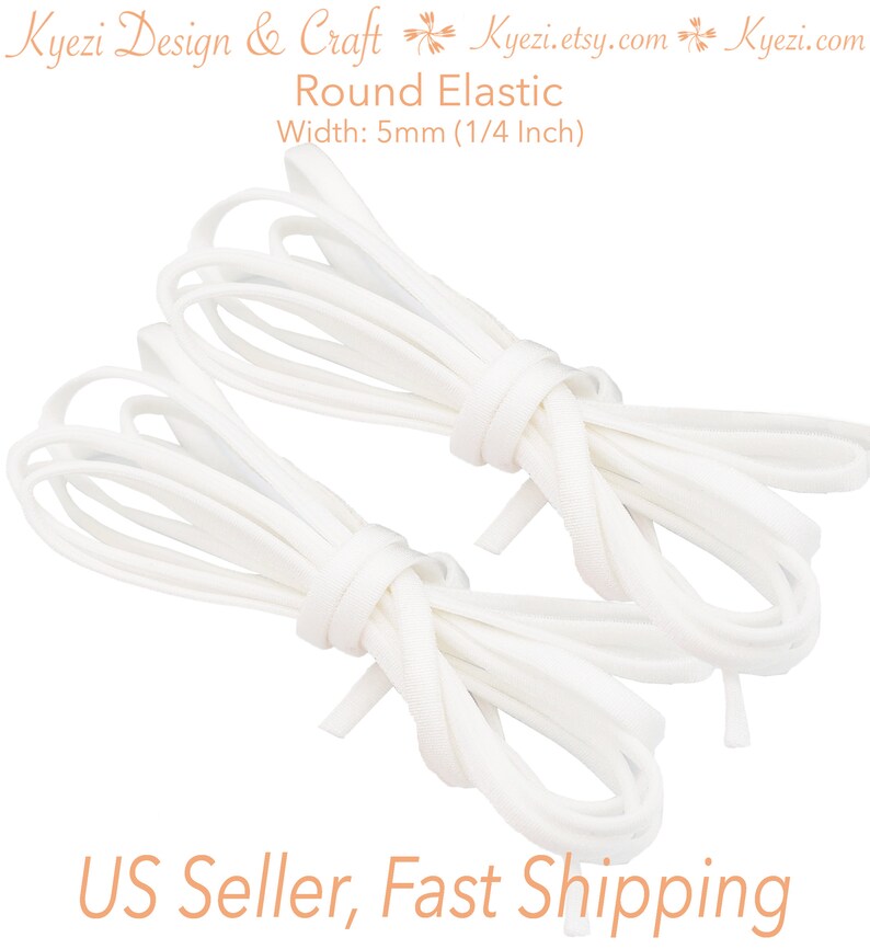 May include: Two spools of white round elastic cord, each measuring 5mm (1/4 inch) in width.  The elastic is coiled and ready to be used for sewing or crafting projects.
