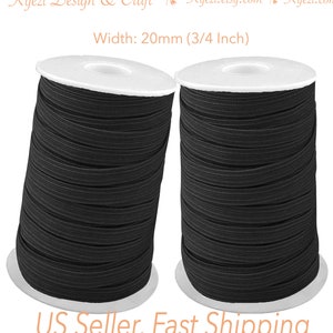 May include: Two spools of black elastic cord, each 20mm (3/4 inch) wide, are displayed. The text "Kyezi Design & Craft" and website information are at the top. The text "Width: 20mm (3/4 Inch)" is also visible. The bottom text reads "US Seller, Fast Shipping".