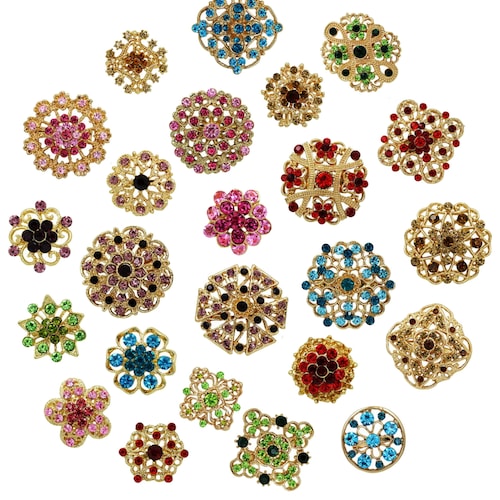 24 pc Assorted Multi Color Rhinestone Crystal Brooches Wedding Bouquet Cake DIY Decoration - U.S. Seller FAST SHIPPING