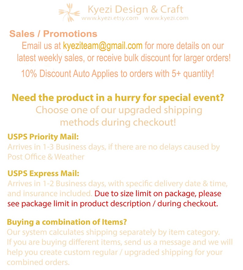 Peut inclure: Fond blanc avec du texte de Kyezi Design & Craft, incluant des adresses de sites web et un e-mail. Des informations sur les ventes, les promotions et les options d'exp&eacute;dition, telles que USPS Priority et Express Mail, sont &eacute;galement affich&eacute;es.