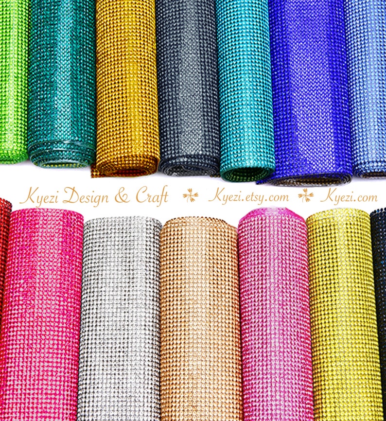 May include: Rolls of sparkly rhinestone mesh fabric in various colors, including teal, gold, black, turquoise, blue, pink, silver, gold, copper, and hot pink.  The fabric is ideal for crafting and decorating.