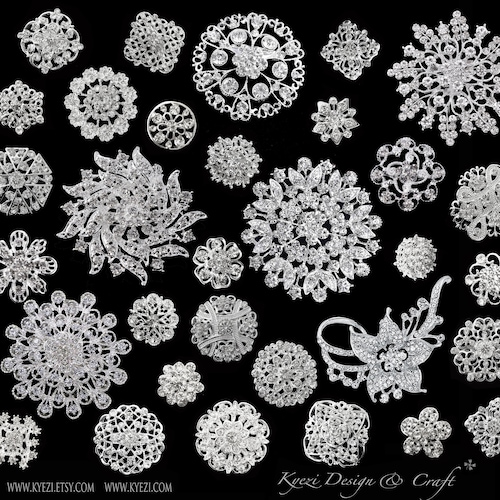 Lot Of 24 Mixed Silver Rhinestone Brooches/Pins – DIY Craft, Wedding Bouquet (12 Large + 12 Small)