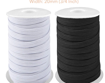 Banda elástica trenzada plana de 3/4" (20 mm) negra/blanca, 1, 5, 10, 20, 50 y 100 yardas para mascarillas, prendas de vestir y diademas de bricolaje. Vendedor de EE. UU., envío rápido