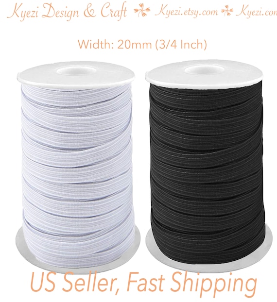3/4" (20mm) Flat Braided Elastic Band Black / White 1 5 10 20 50 100 yards for Face Mask, Apparel, DIY Headband - US Seller Fast Shipping