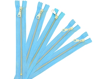 3 5 10 Pcs Light Blue/Aqua Gold Donut Pull Brass Metal Teeth Zippers 8 10 12 Inch