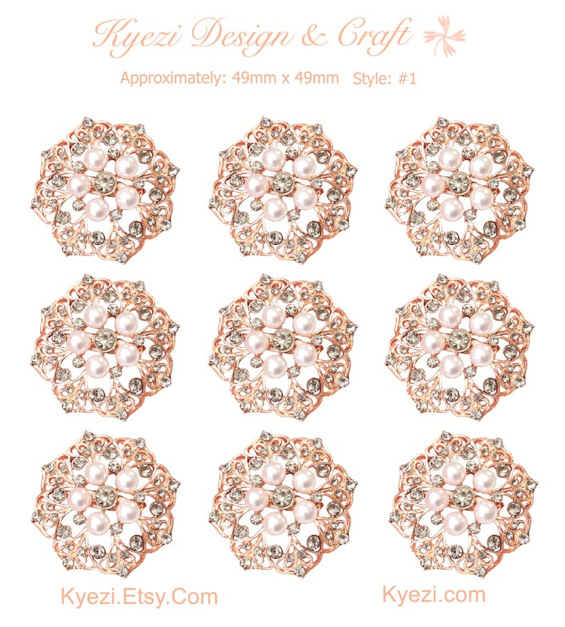 May include: Nine rose gold-toned brooches with a floral design. Each brooch features faux pearls and clear rhinestones. The brooches are approximately 1.9 inches by 1.9 inches. The text "Kyezi Design & Craft" and "Kyezi.Etsy.Com" are visible.