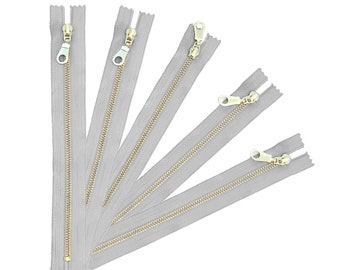 3 5 10 Pcs Light Grey Gold Donut Pull Brass Metal Teeth Zippers 8 10 12 Inch