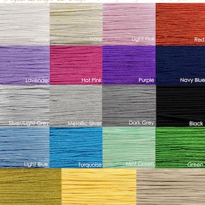 May include: A color chart of 18 different colors of elastic cord. The colors include white, ivory, light pink, red, lavender, hot pink, purple, navy blue, silver/light grey, metallic silver, dark grey, black, light blue, turquoise, mint green, green, metallic gold, gold, and light caramel.
