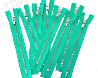 3 5 10 pcs Green Tape, Silver Metal Teeth Zippers Available in  3, 4, 5, 6, 7, 8, 9, 10, 12, 14, 16, 18 inches - U.S. SELLER Fast Shipping