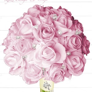 May include: A bouquet of light pink roses adorned with silver-colored embellishments. The bouquet is tied with a light yellow ribbon and rests in a green and yellow vase. The text "Kyezi Design & Craft" is at the top.