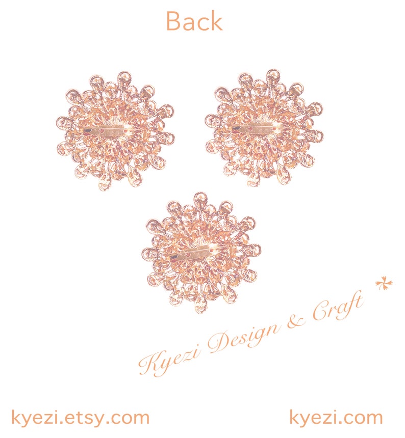 May include: Three rose-gold tone brooches with a floral design. Each brooch has a pin on the back. The word "Back" is at the top of the image. The text "Kyezi Design & Craft" and "kyezi.etsy.com" are also visible.