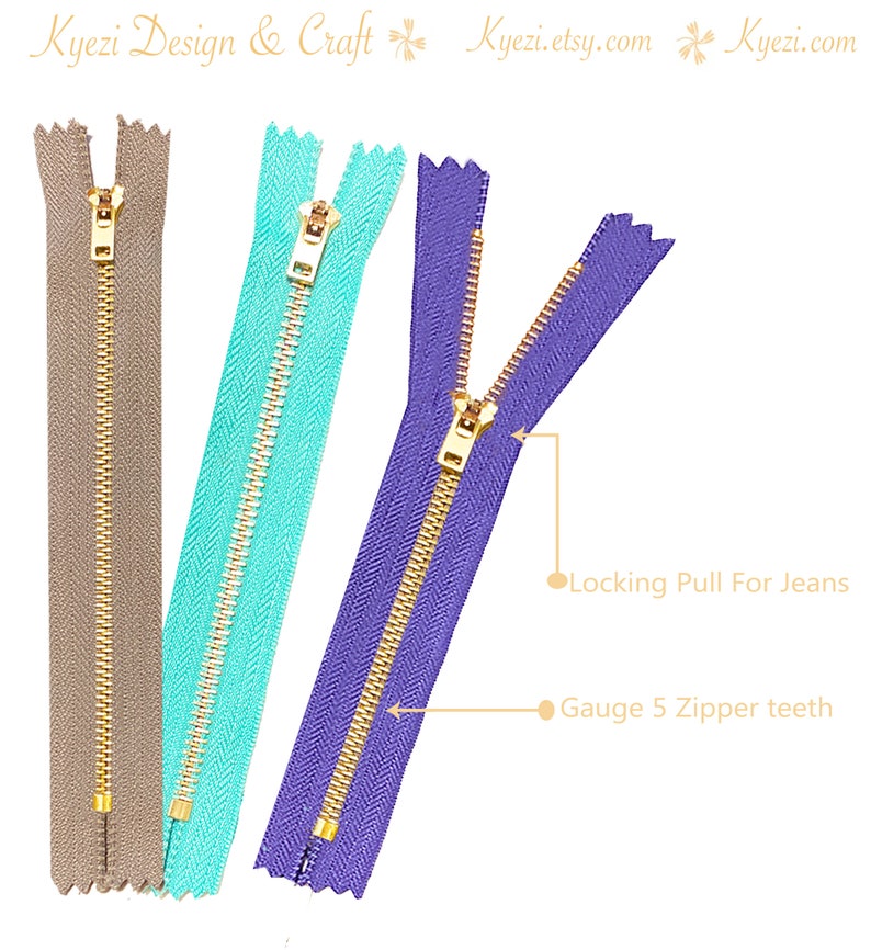 10 pcs 9 inch Jeans Zippers #5 Brass Closed Bottom Metal Zippers with Locking Slider Pink Blue Burgundy Grey Black Green Natural Hot Pink