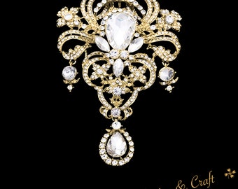 Extra Large Gold Crystal High Quality Rhinestone Drop Brooch Silver Pin Clear Broach Dangling DIY Wedding Bouquet Embellishment Brooch L10