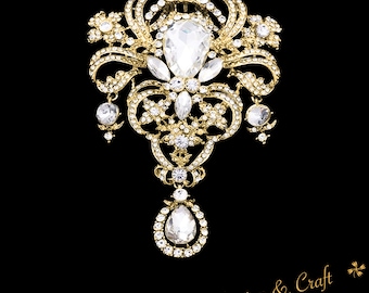 Extra Large Gold Crystal High Quality Rhinestone Drop Brooch Silver Pin Clear Broach Dangling DIY Wedding Bouquet Embellishment Brooch L10