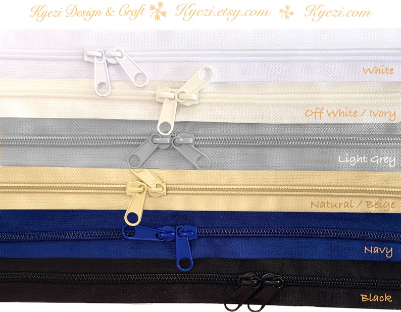 May include: A close-up of six different colors of zipper tape with the corresponding color names listed below each zipper: white, off white/ivory, light grey, natural/beige, navy, and black.