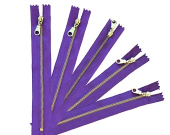 3 5 10 Pcs Purple Gold Donut Pull Brass Metal Teeth Zippers 8 10 12 pouces