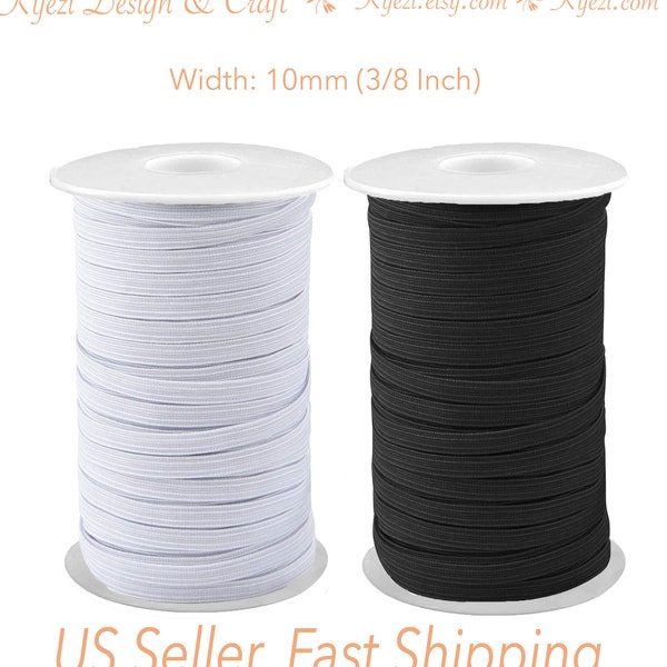 3/8 inch (10mm) Flat Braided Elastic Band Black / White 1 5 10 20 50 100 yards for Face Mask, Apparel, DIY Headband -US Seller Fast Shipping
