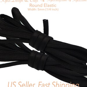 May include: Black round elastic cord, 5mm (1/4 inch) wide, in a folded pile.  US Seller, Fast Shipping.