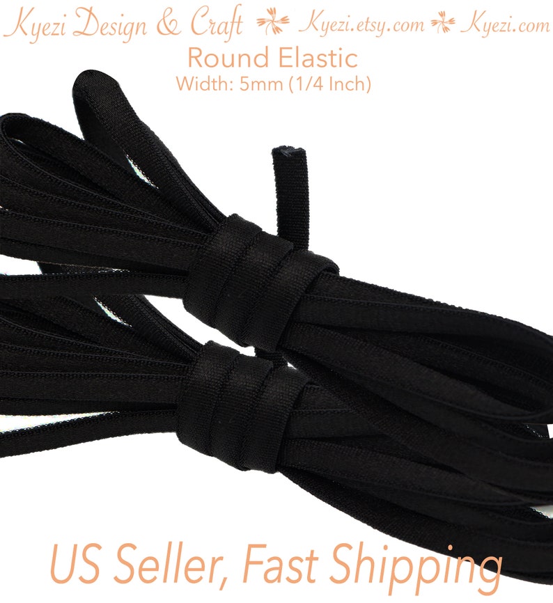 May include: Black round elastic cord, 5mm (1/4 inch) wide, in a folded pile.  US Seller, Fast Shipping.