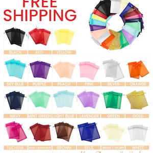 May include: Assortment of 24 small organza bags in various colors, including black, red, yellow, sky blue, purple, peach, pink, silver, orange, navy, mint green, light blue, lavender, green, gold, fuchsia, wine/burgundy, brown, blue, beige/ivory, and white.  Free shipping.