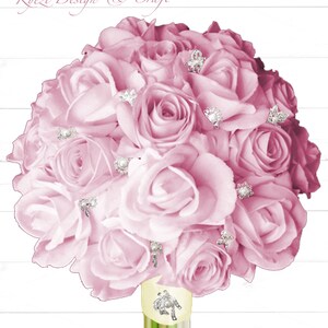 May include: A bouquet of pale pink roses decorated with silver-coloured embellishments. The bouquet is tied with a pale yellow ribbon and rests in a green and yellow vase. The text "Kyezi Design & Craft" is at the top.