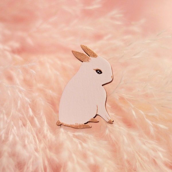 Rabbit Brooch - Celestial Charmer (Blush) | Handmade Handpainted Wood Jewelry | Easter Bunny | Rose Gold | Unique Whimsical Gift