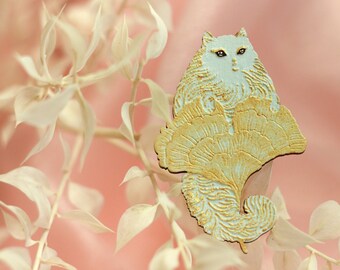 Cat Brooch - Climb Every Mountain (Seafoam) | Handmade Handpainted Wood Brooch | Kitty Cat Brooch | Gold | Unique Whimsical Gift