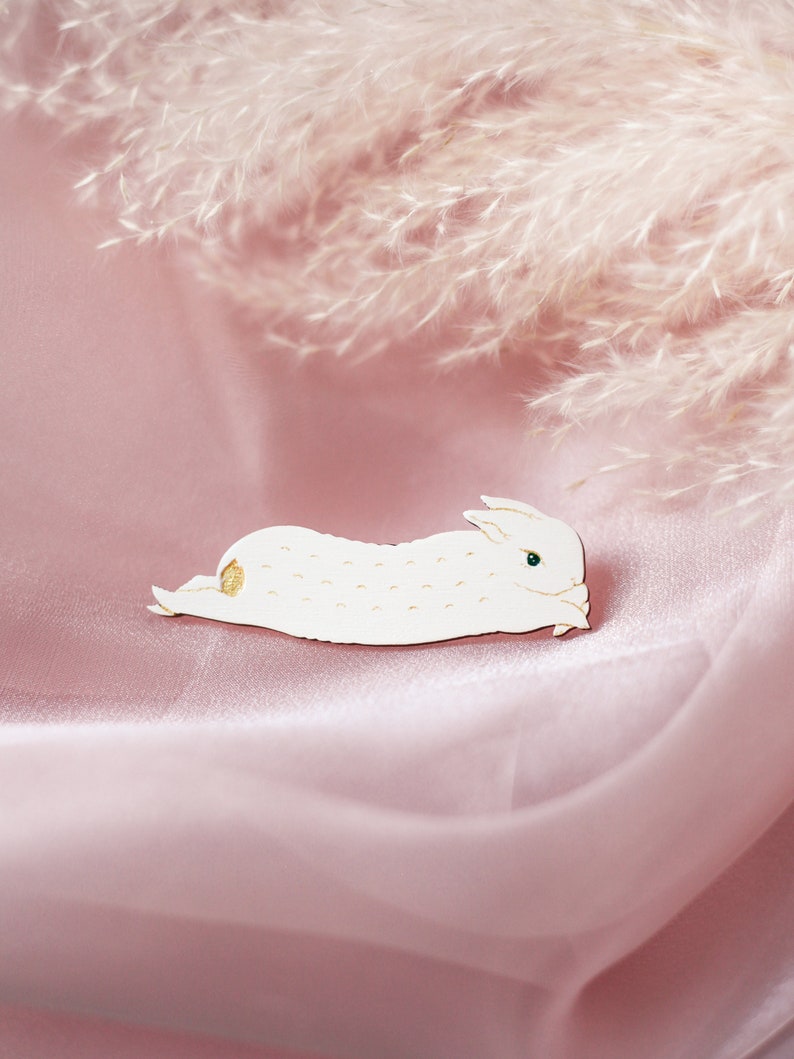 Rabbit Brooch Cheek to Cheek Handmade Handpainted Wood Jewelry Easter Bunny Gold Unique Whimsical Gift WHITE - Gold