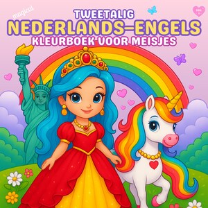 May include: A colorful children's coloring book cover featuring a cartoon princess with blue hair and a red dress, a unicorn, and a rainbow. The book's title is "Bilingual Coloring Book for Girls" with text in both English and Dutch.