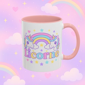 Licorne Unicorn Mug, Whimsical French Coffee Cup, Kawaii Rainbow Pastel Gift for Girls, Pink Inside, Bilingual Mug, Magical Mug