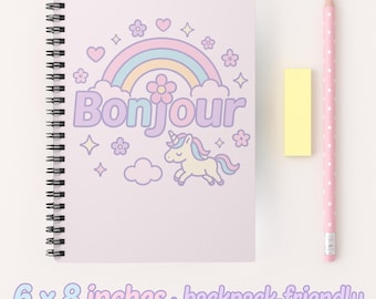 Quaderno Bonjour, diario con unicorno francese, cancelleria kawaii pastello, regalo per francofili, amanti delle lingue, grazioso quaderno a spirale